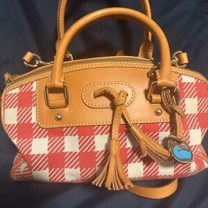 Chic Red Plaid Satchel with Tan Leather Accents
